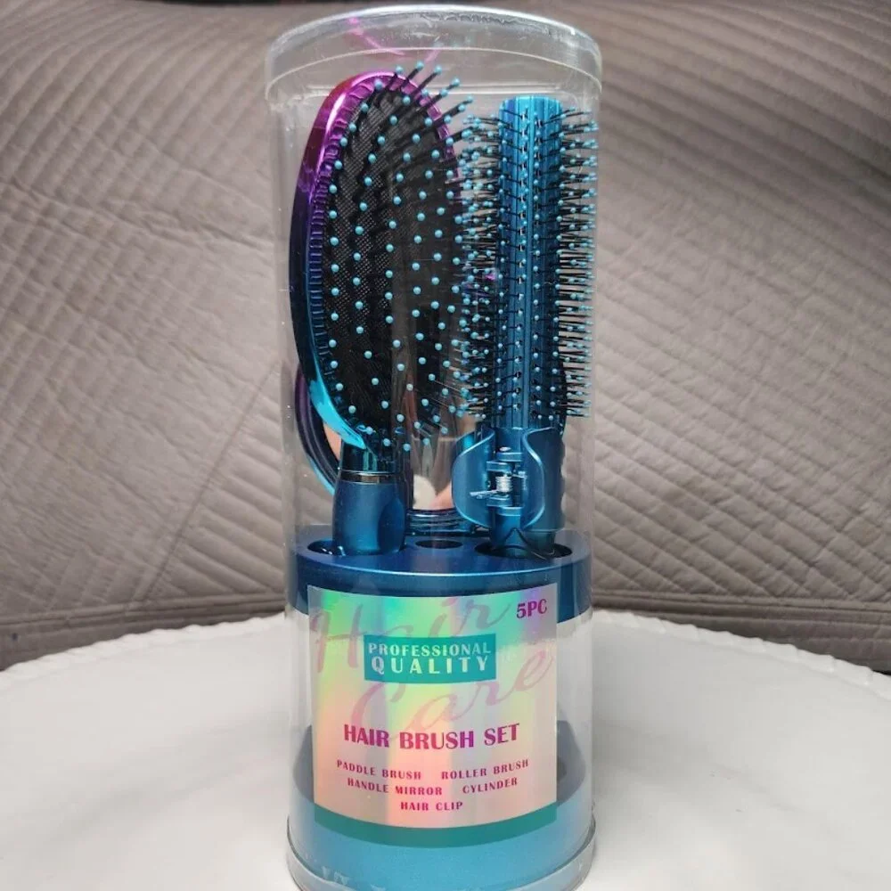 NEW 5-Piece Hairbrush Brush Set Hand Mirror Beauty Brushes Blue Easter Basket